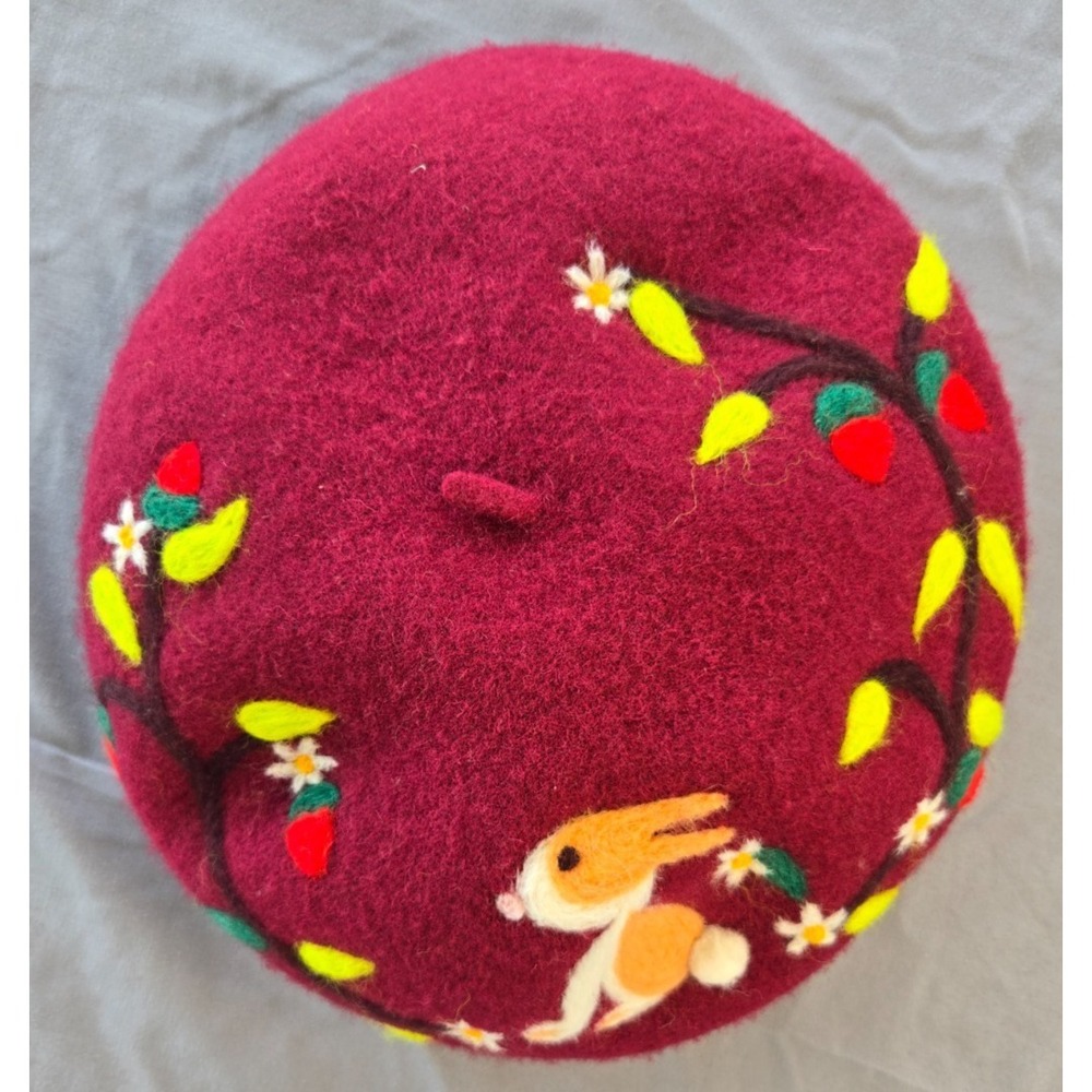 Burgundy Red Beret Floral Bird Emboidery Wool Cottage Core Bohemiem Whimsy Goth